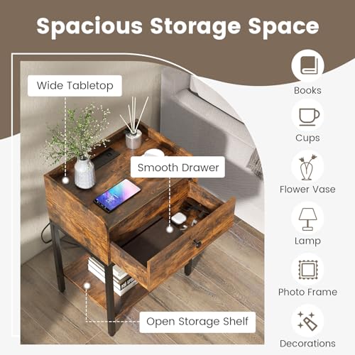 GOFLAME Nightstand with Charging Station, Narrow Bedside Table with Drawer, Open Shelf, 2 USB Ports, 2 AC Outlets, Side End Table with Metal Frame for Small Space, Living Room, Bedroom