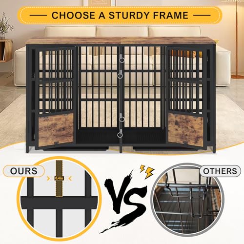 BOINN Large Dog Crate Furniture, 63 inch Heavy Duty Double Dog Crate with Divider, Extra Large Dog Kennel Furniture with Removable Trays for Medium Large Dogs