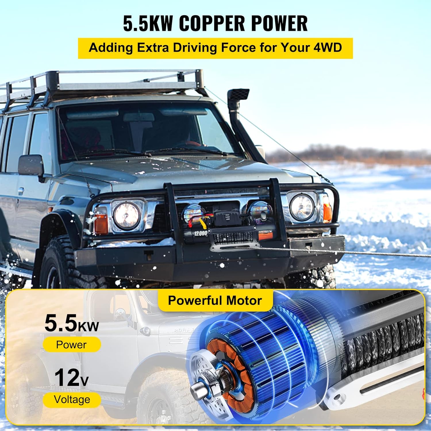 VEVOR Truck Winch 12000lbs Electric Winch Synthetic Rope with Wireless Remote Control and Powerful Motor for UTV ATV & Jeep Truck and Wrangler in Car Lift