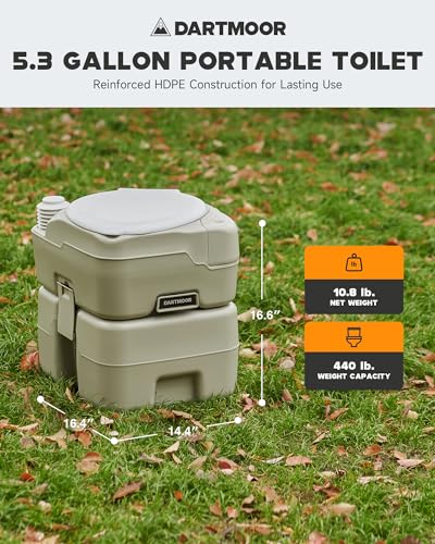DARTMOOR Portable Toilet, 5.3 gal. RV Toilet for Camping, Outdoor Toilet with Diagonal Seating Storage Box & Built-in Handle, Lightweight HDPE Camping Toilet for Construction Site Road Trip Boating