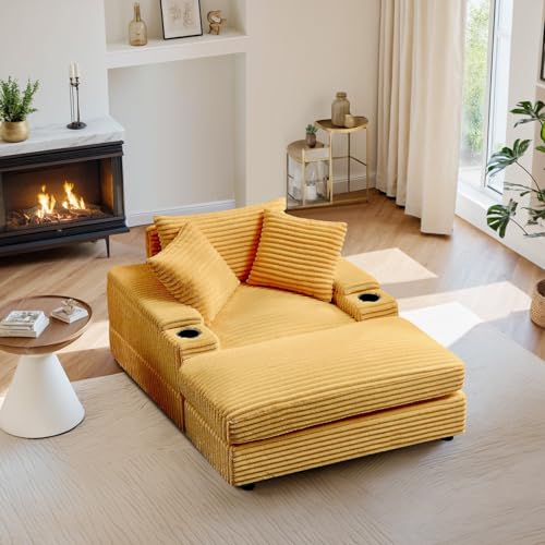 Oversized Chaise Lounge Chair Indoor with Ottoman,43.3" W Corduroy Upholstered Modern Sofa Couch with Storage Spaces&Cup Holder,Comfy Reclining Sleeper Chair for Living Room,Office(Green)
