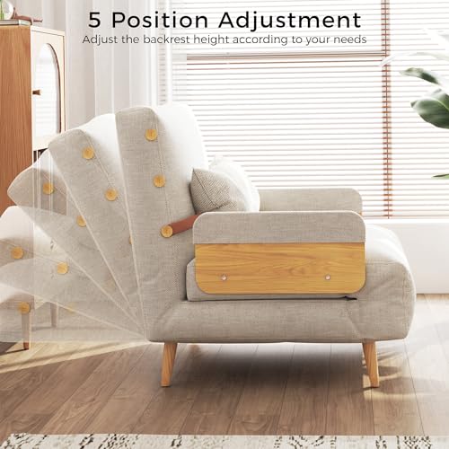 3-in-1 Convertible Chair Bed Sleeper for Adults, Linen Convertable Sleeper Chair with Wooden Arms & Pillows, Foldable Single Futon Sofa Bed (Mid Century with Walnut Arm, 36.6" Wide)