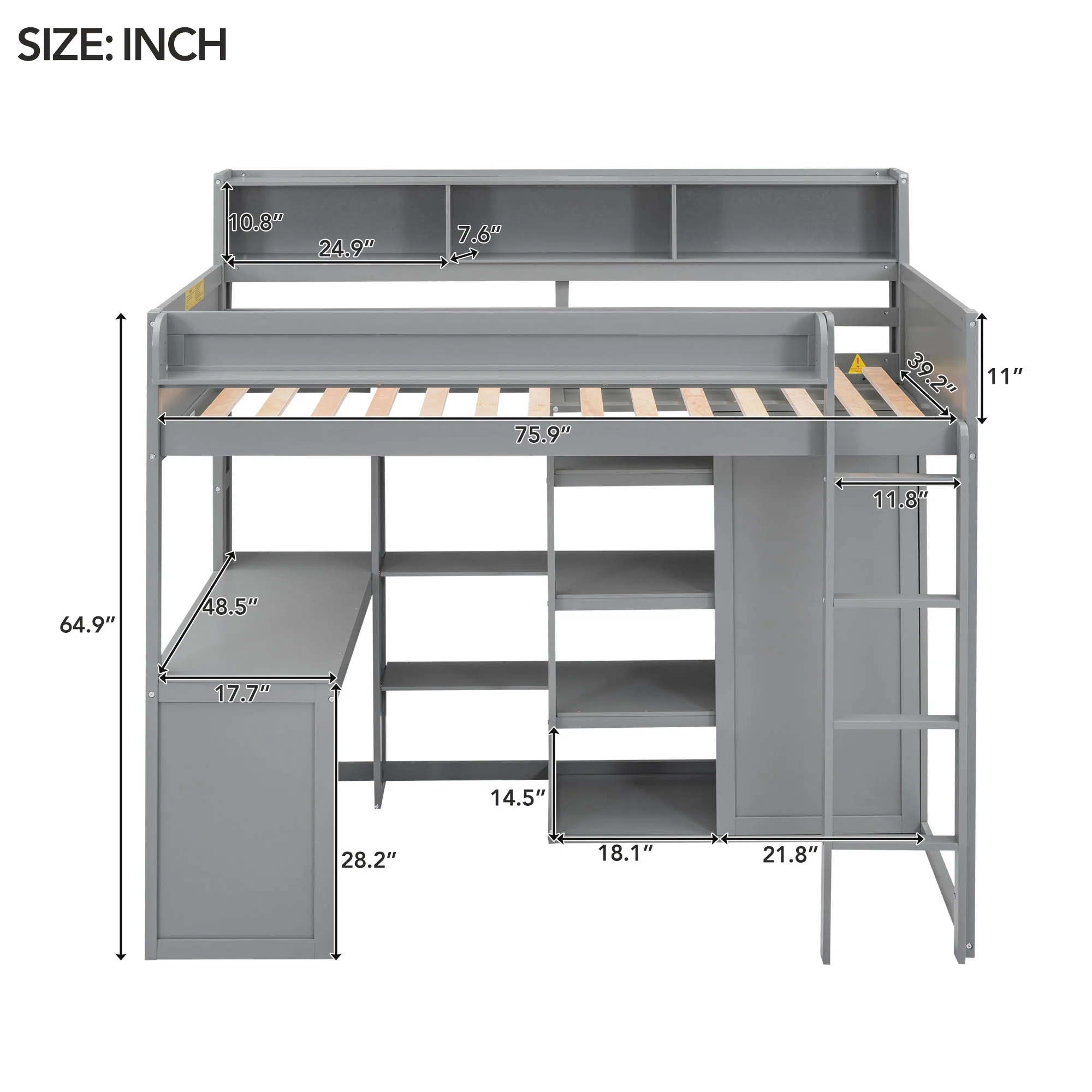 Euroco Pine Wood Twin Size Loft Bed with Desk, Wardrobe with Clothes Hanger and Display Shelves for Kids Bedroom, Gray