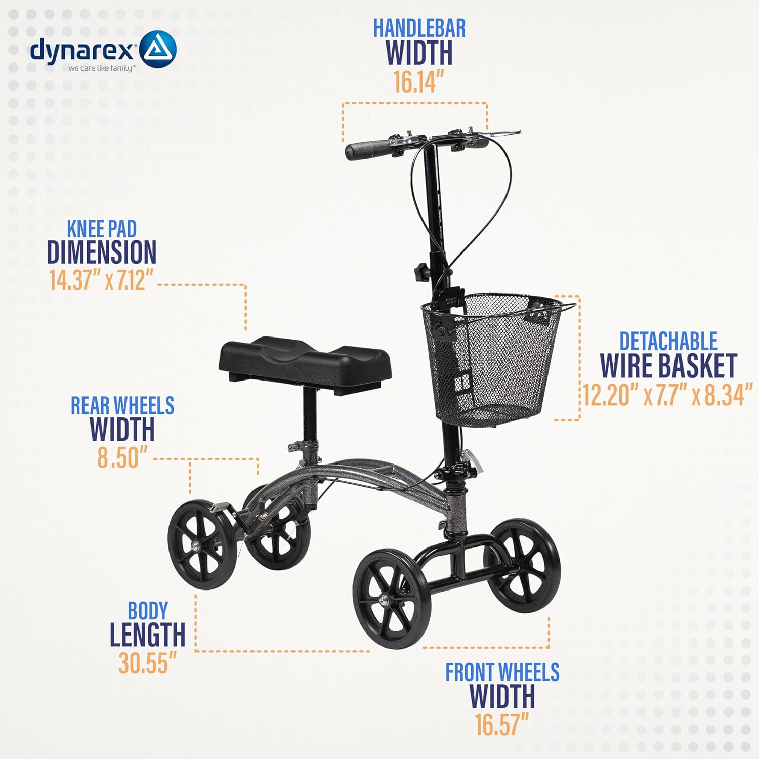 Dynarex Steerable Knee Walker with Basket–Compact, Knee Scooter with Black Padded Rest for The Right or Left Leg, 300 Pound Weight Capacity, Silver