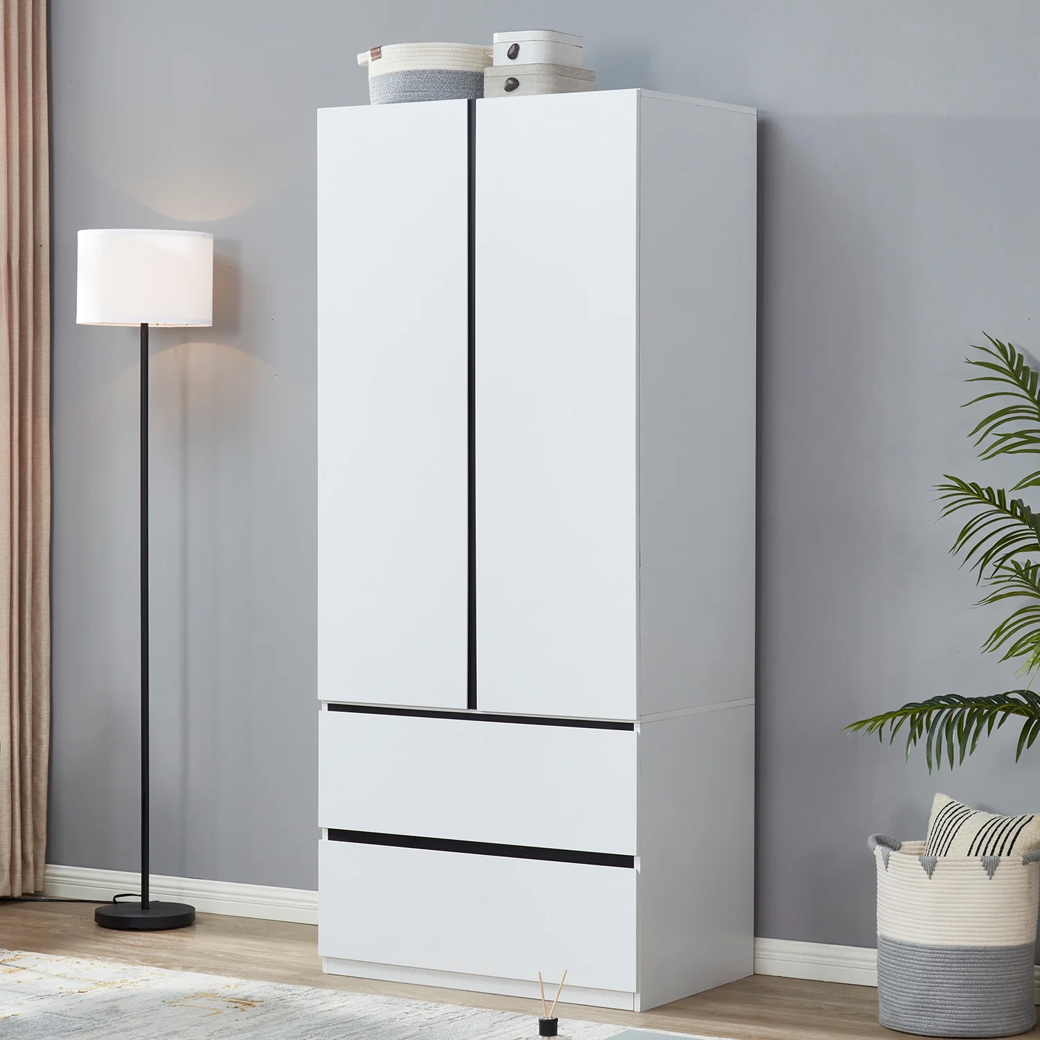 Sophshelter Wardrobe Armoire Storage Cabinet Wood: 2 Door 2 Drawers White Closet Cabinet for Large Capacity with Hanging Rod and Handles Armoire Storage Cabinet - Curated Treasures Market