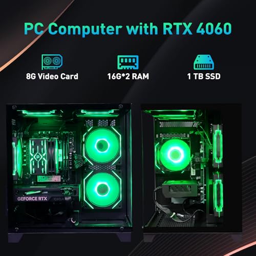 Gaming PC Desktop, Intel Core i5 14400F, RTX 4060, 32GB RAM, 1TB SSD, ARGB Fan, Tower Computer for Gaming and Office