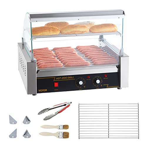 VEVOR Hot Dog Roller,5 Rollers 12 Hot Dog Capacity, 750W Stainless Steel Cook Warmer Machine with Dual Temp Control, LED Light and Detachable Drip Tray, Sausage Grill Cooker for Kitchen Restaurant