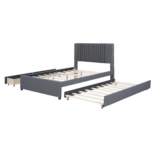 Full Size Linen Upholstered Platform Bed Frame with Twin XL Trundle and 2 Drawers Classic Headboard Design No Box Spring Required Noise Free Strong Wood Slat Support Easy to Assemble Beige