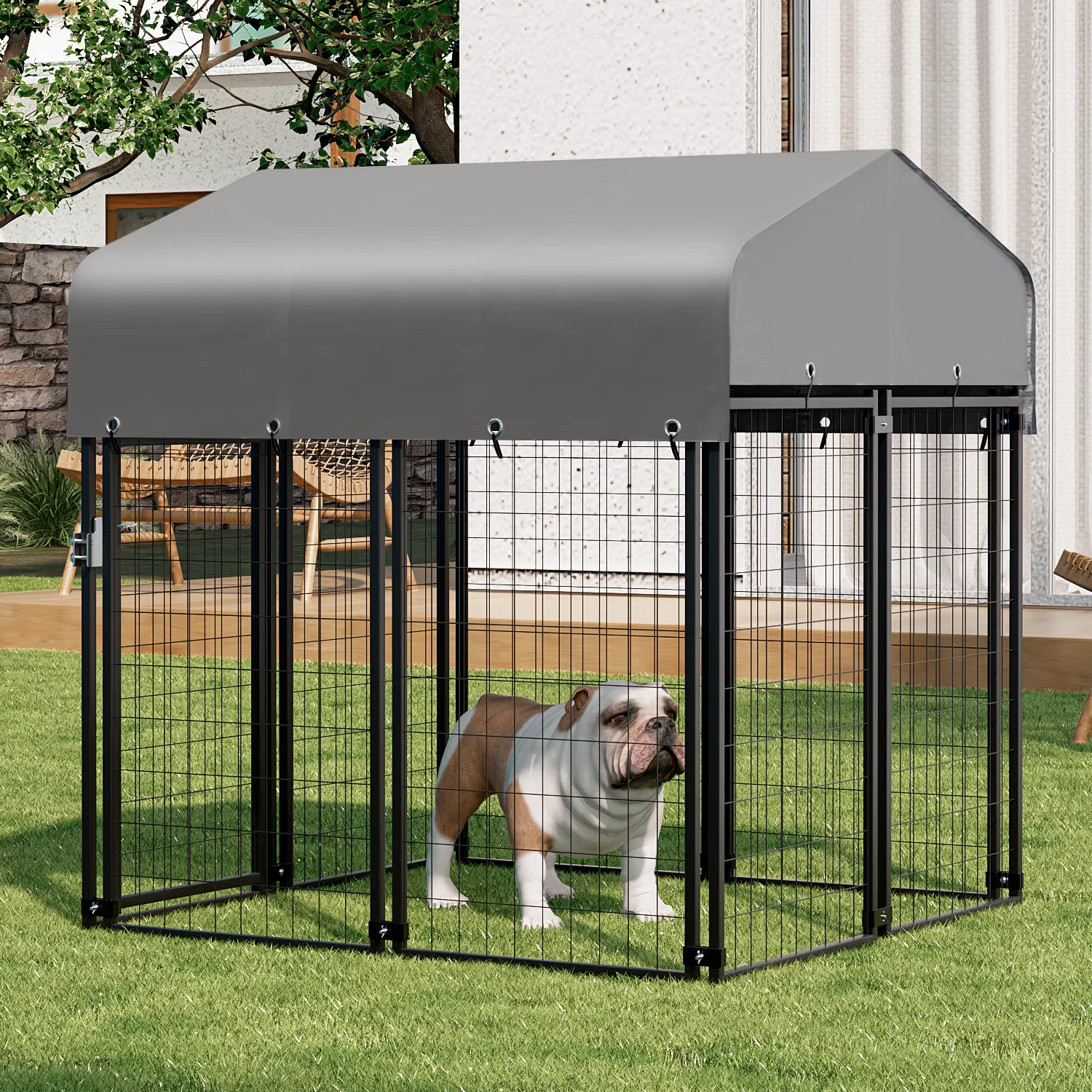 MoNiBloom 4ft x 4.25ft x 4.5ft Outdoor Dog Kennel with UV Protection Waterproof Cover and Roof, 8 Panels Welded Dog Pen Dog Playpen Dog Enclosure for Medium Dogs