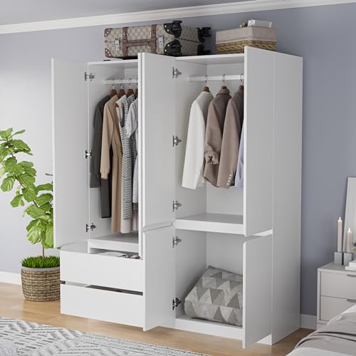 Armoire Wardrobe Closet with Drawers and Doors, 4 Door 2 Drawers White Bedroom Armoires Wooden Wardrobe with Shelves and Hanging Rod, 20.39" D x 63" W x 78.74" H