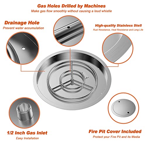 Skyflame 19 Inch Round Stainless Steel Drop in Fire Pit Pan Fire Bowl with Burner Ring and Protective Cover