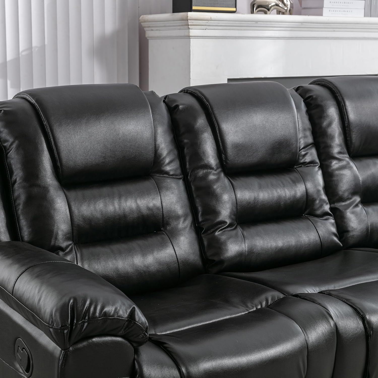 3 Seater Wall Hugger Manual Reclining Loveseat Couch, Faxu Leather Motion Sofa RV Chair Home Theater Lounge Seating with Center Console and Fold Down Table w/Cupholders for Living Room Office