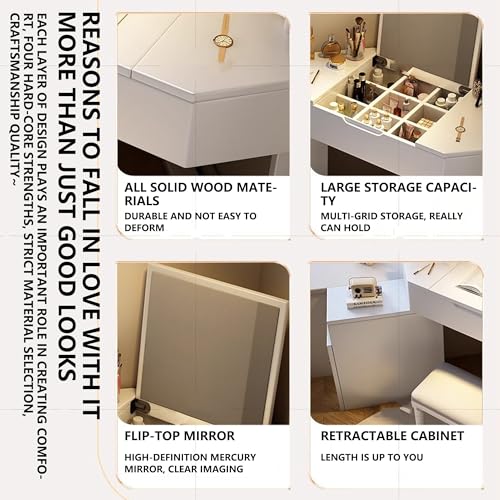 Vanity Desk with Storage Cabinet, Solid Wood Corner Makeup Vanity with Flip-Top Mirror, Expandable Cupboard, Stool, dresser with mirror, makeup table for Small Bedroom (White)