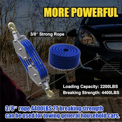 Block and Tackle 4400LBS Breaking Strength Heavy Duty Pulley, 65 Ft Rope Pulley, 7:1 Lifting Power Pulley System, Pulley Hoist with 2 Pcs 8 Ft Lift Sling(Black)