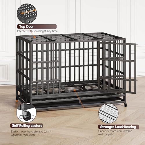 48/42 Inch Heavy Duty Indestructible Dog Crate Steel Escape Proof, Indoor Double Door High Anxiety Cage, Kennel with Wheels, Removable Tray, Extra Large XL XXL