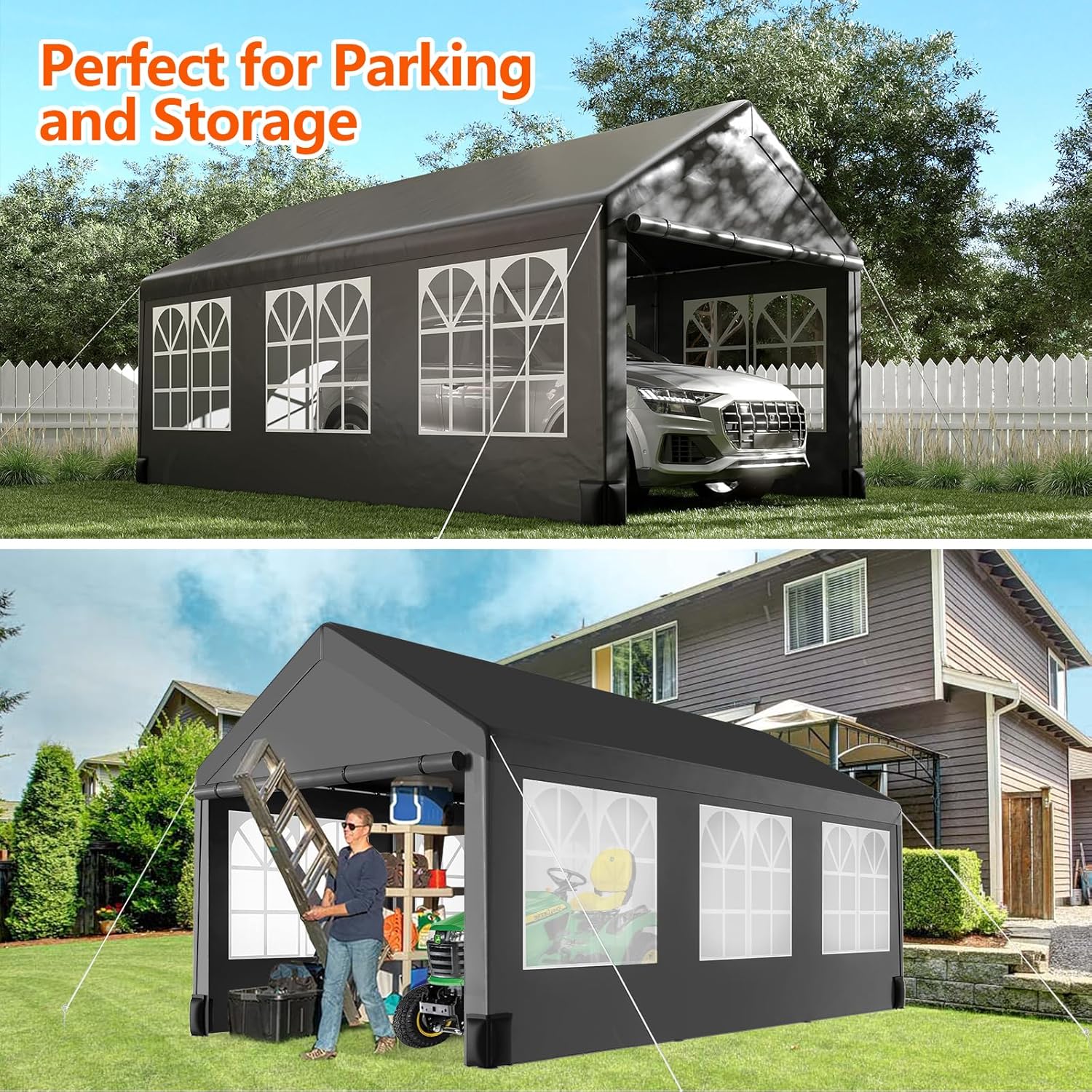 12 * 20 Heavy Duty Carport Canopy, Portable Car Tent Garage with 6 Roll-up Windows and All-Season Tarp Cover, Metal Roof & 4 Sandbags for Car, SUV, Truck & Boat, Black
