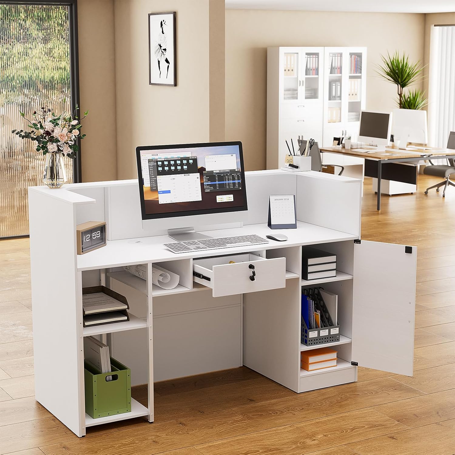 PAKASEPT 63 Inches Reception Desk, Front Desk with RGB LED Lights, Modern Reception Desk with Counter & Lockable Drawer & Open Shelves, Large Counter Table for Office Hotels, Flower Clothing Shops
