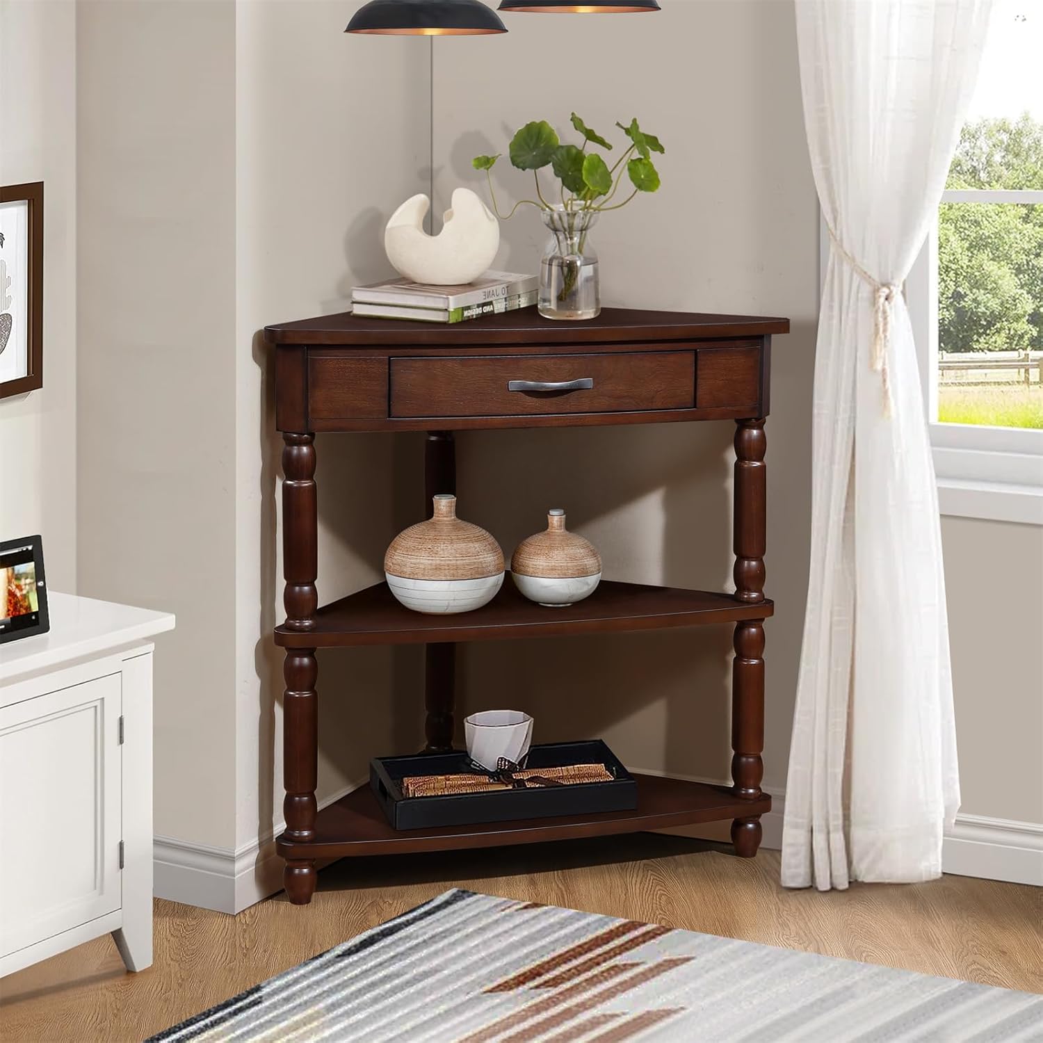 Classical Triangle Corner Table, Wood Corner Side Table with 1 Storage Drawer, 3 Tier End Corner Table with Solid Wood Legs for Small Spaces, Living Room,Bedroom, Light Espresso