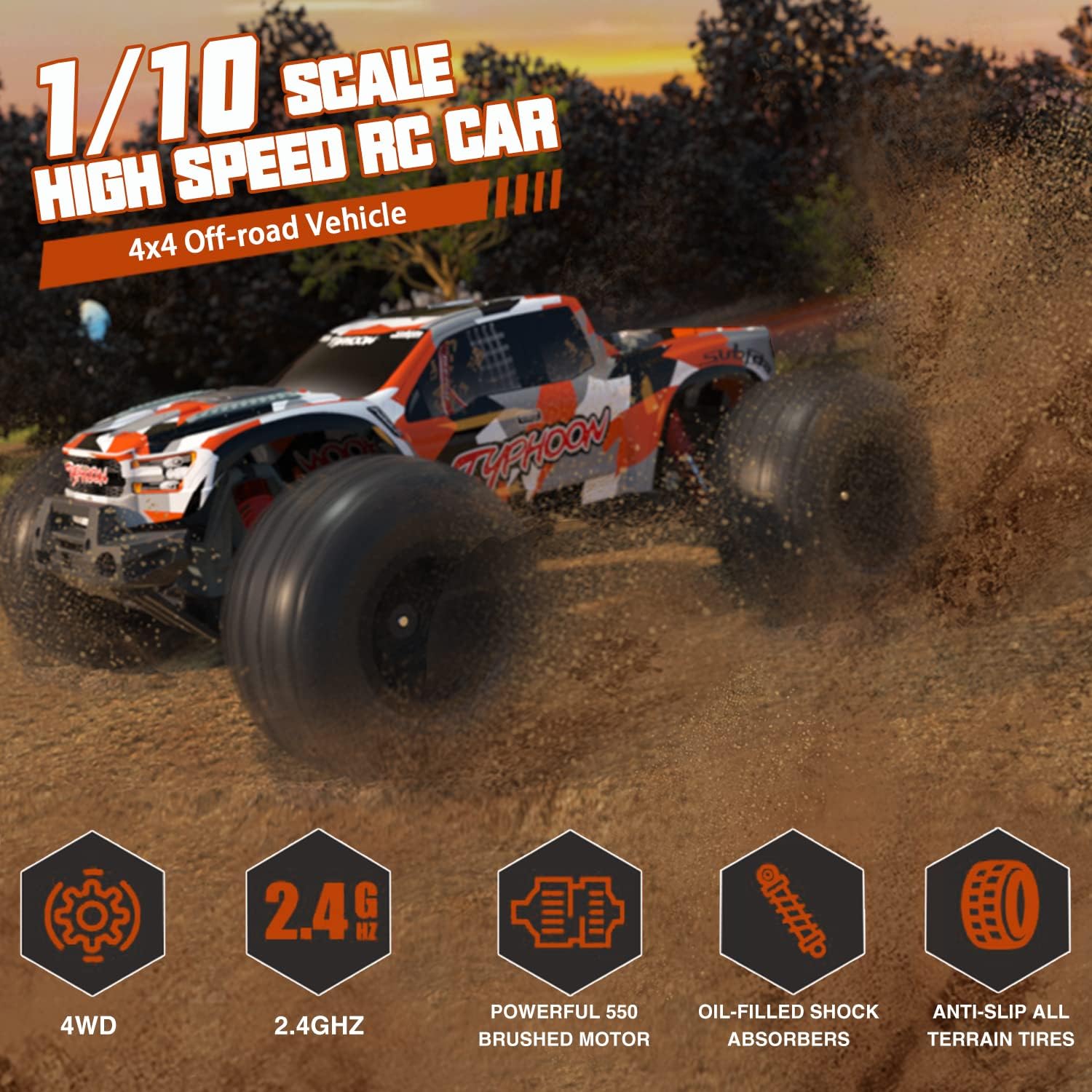 Empstorm RC Cars for Adults：1:10 Scale RC Monster Truck 60 KM/H Speed Large Scale Hobby RC Truck All Terrain Off Road 4WD Waterproof Truck with Rechargeable Battey Xmas Gifts for Kid Adults