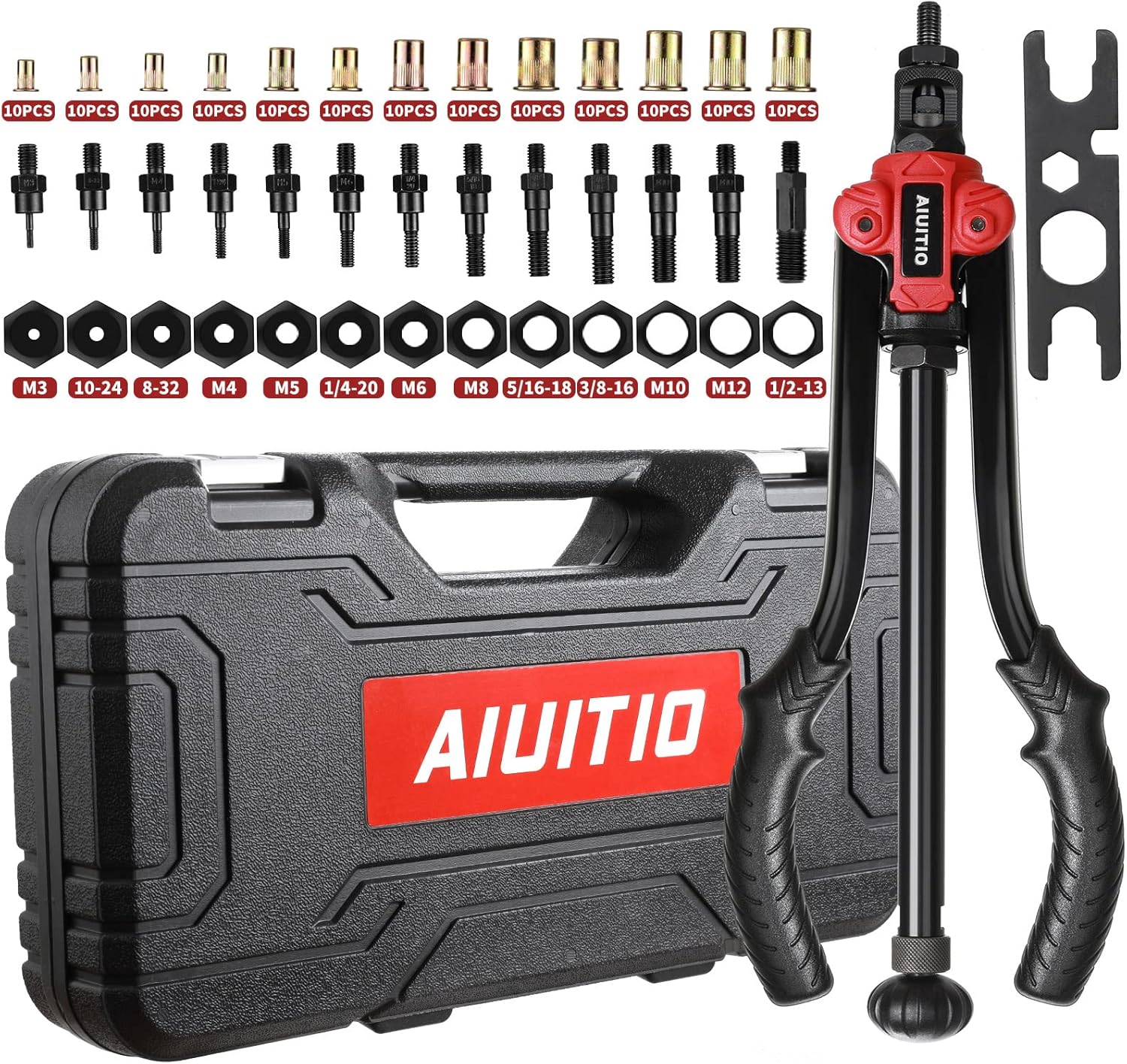 AIUITIO 14''Rivet Nut Tool,Fast Loading and Unloading Rivet Nut,Professional Rivet Nut Setter Kit with 13PCS Metric & Inch Mandrels,130PCS Rivet Nuts,Sturdy Plastic Case - 40% Time and Effort Saving