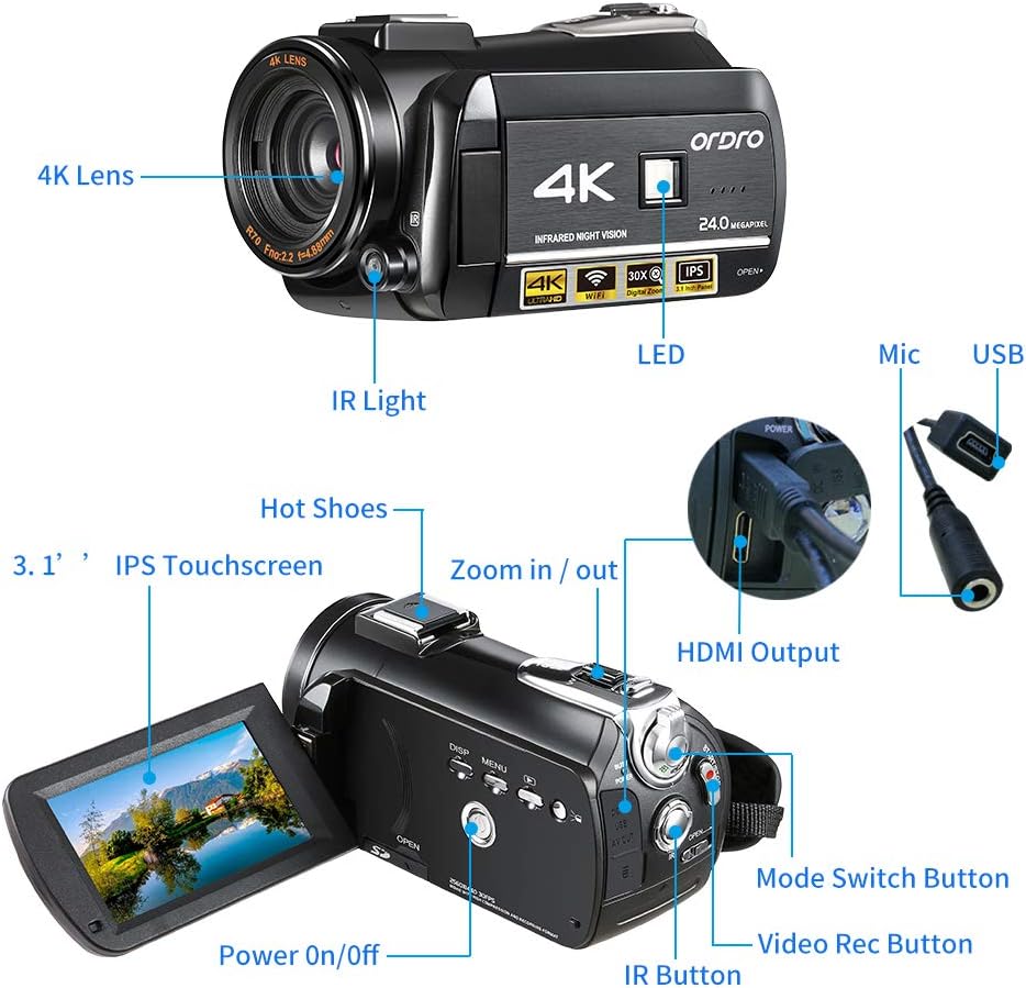 4K Camcorder Vlogging Camera for YouTube ORDRO HDR-AC3 Ultra HD Video Camera 1080P 60FPS IR Night Vision Wi-Fi Camera Recorder Digital Camcorders with Microphone Wide Angle Lens Handheld Stabilizer