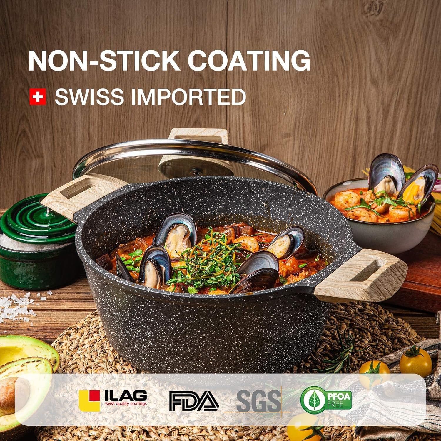 Carote Nonstick Cookware Set,10 Pcs Nonstick Cookware Set Pan and Pot, Essential Woody, Classic Granite