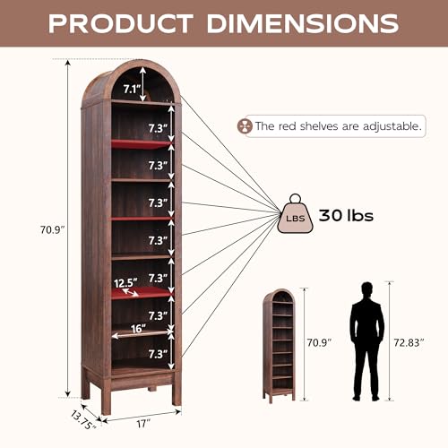 71" Tall Arched Bookshelf, 7 Tiers Arch Bookcase with Storage, Modern Farmhouse Book Shelf with Adjustable Shelves, Wood Bookshelf w/Open Display Shelves for Living Room, Office (Natural)
