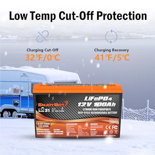 Enjoybot 12V 100Ah LiFePO4 Lithium Battery, BCI Group 31 Lithium Battery with 100A BMS, Low Temp Cut Off Deep Cycle Battery Perfect for Golf Cart, RV, Solar, Trolling Motor, Home Energy Storage