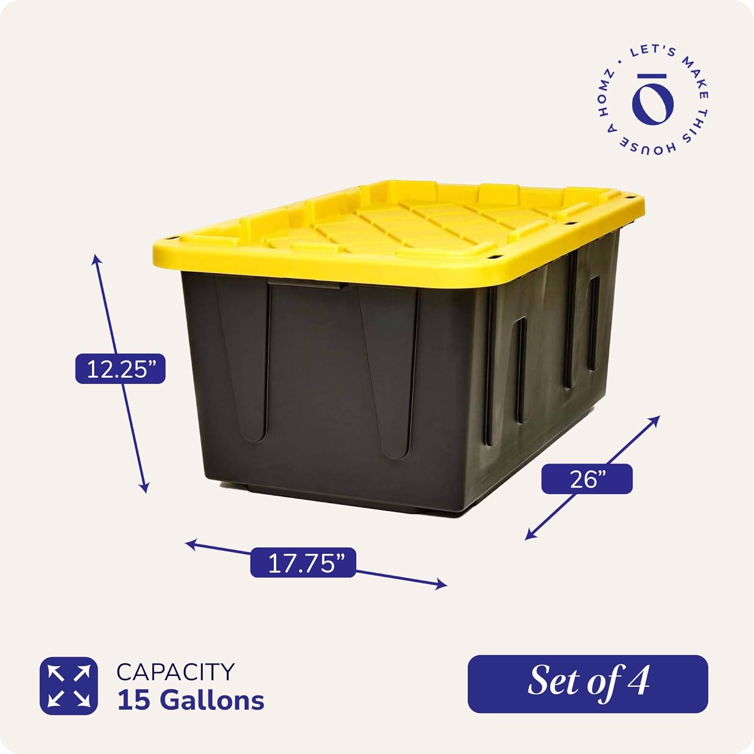 HOMZ 15-Gallon Durabilt Plastic Stackable Storage Organizer Container w/Snap Lid and Hasps for Tie-Down Straps or Locks, Black/Yellow (4 Pack)