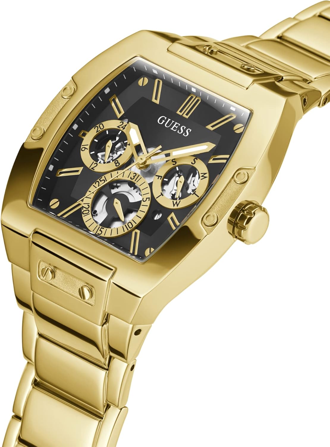 GUESS Men's Trend Multifunction Tonneau 43mm Watch – Black Dial Gold-Tone Stainless Steel Case & Bracelet