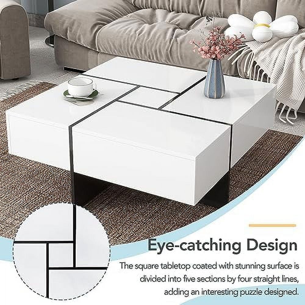 TJUNBOLIFE Coffee Table with 4 Hidden  Compartments  Square Cocktail Table with Extendable Sliding Tabletop  UV High-Gloss Design Center Table for Living Room（Brown）