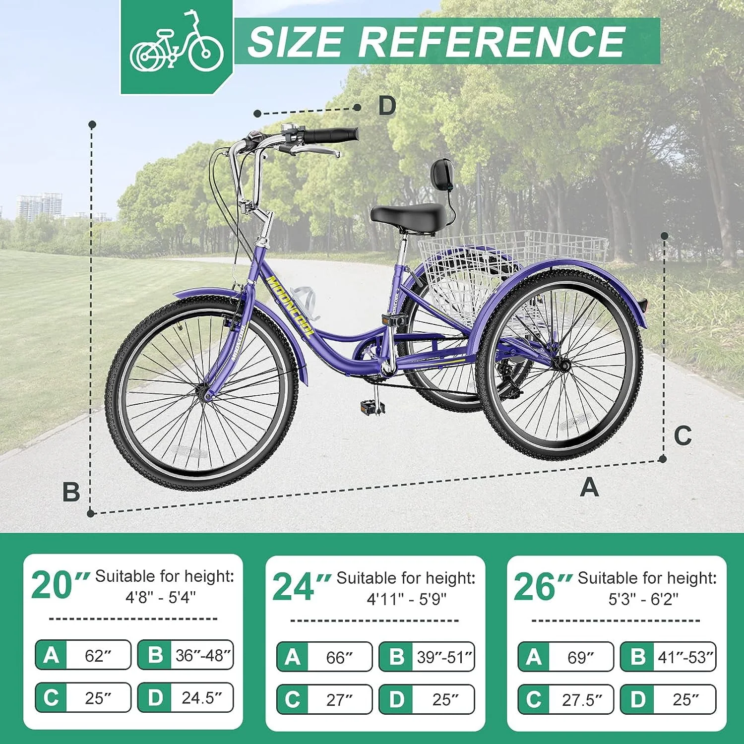 FICISOG 26 Adult Tricycle, 3 Wheel 7 Speed Bikes,450lbs Capacity Cruise Trike with Shopping Basket