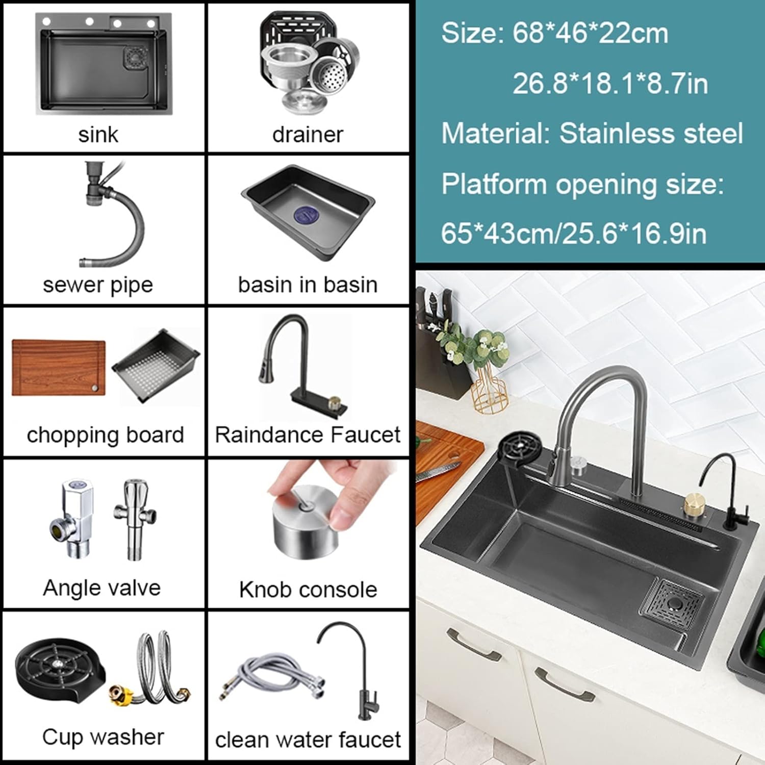 Kitchen Sink, Waterfall Sink, Pull-Out Faucet Single Bowl Big Sinks