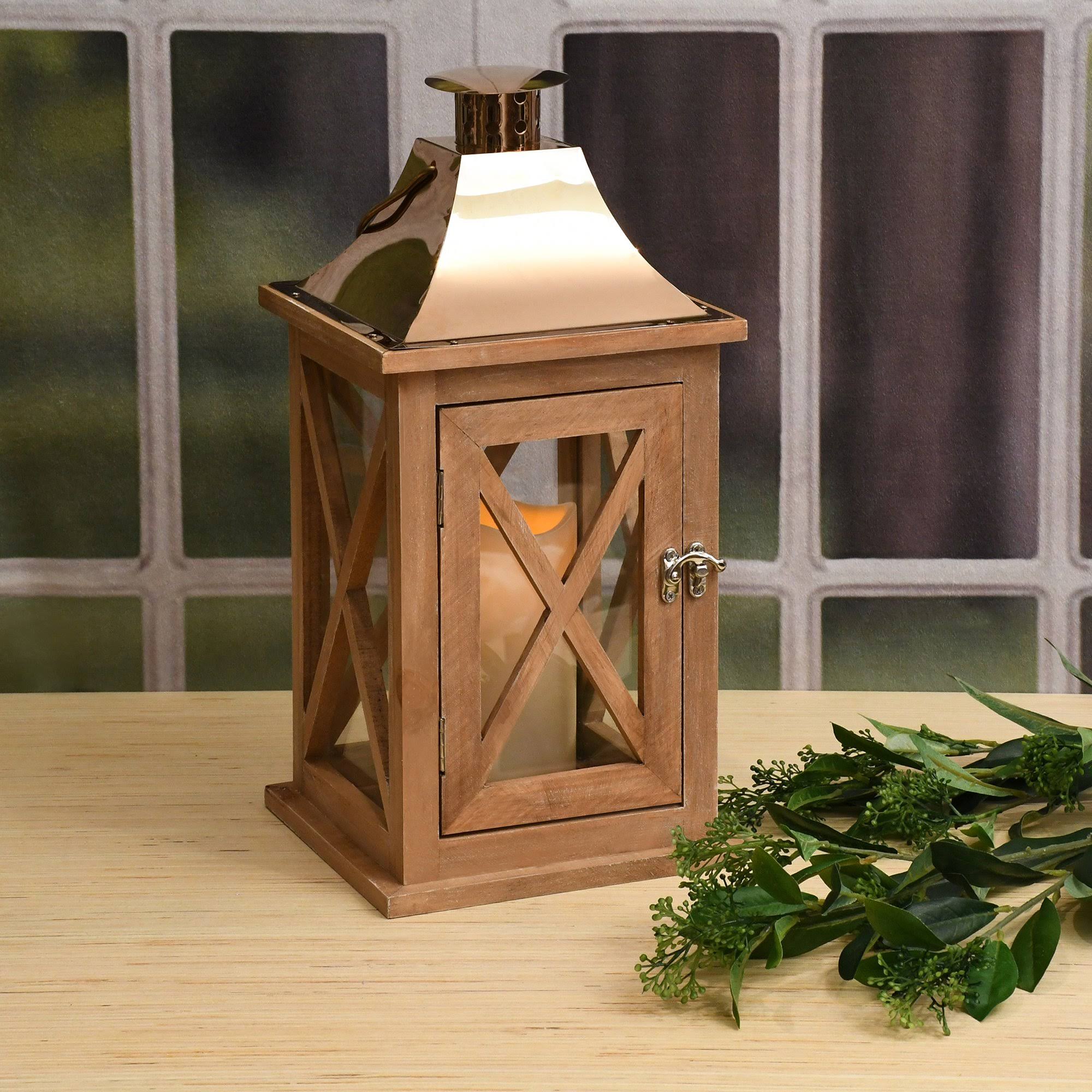 Lumabase Natural Wooden Lantern with Copper Roof and LED Candle - Brown