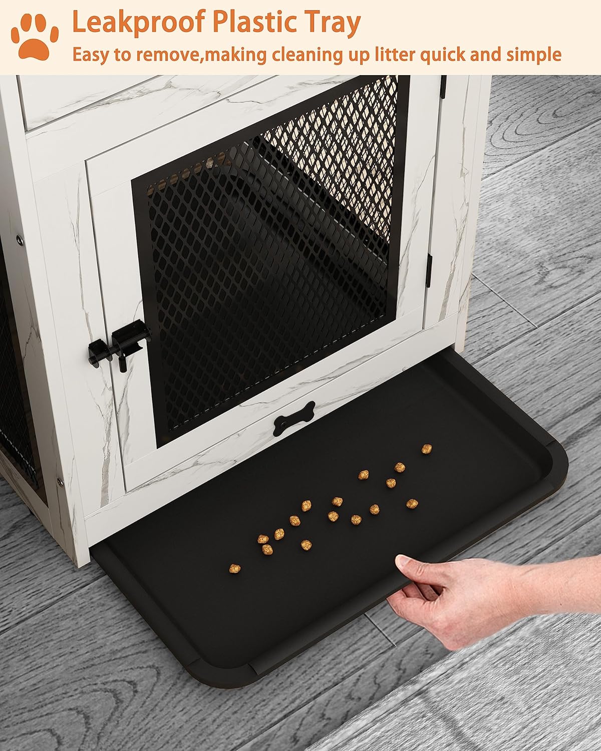 Piskyet Dog Crate Furniture,Wooden Dog Crate End Table with Storage Drawer&Cushion&Tray, QC3.0 Wireless Charging,Dual USB,Medium Dogs Marble White