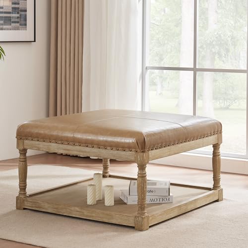 33-Inch Large Square Ottoman Coffee Table for Living Room, Leather Ottoman Foot Rest Stool, Upholstered Coffee Table with Storage Shelf for Bedroom, Studio, Office(Brown)