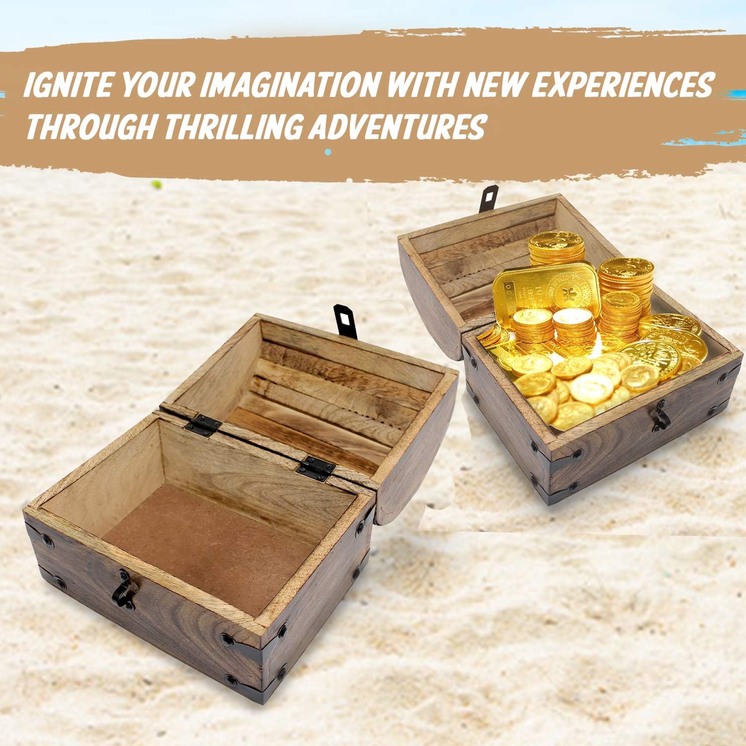 Nautical Cove Pirate Treasure Chest with Iron Lock and Skeleton Key - Storage and Decorative Box (X-Large 16 x 11 x 10.5)