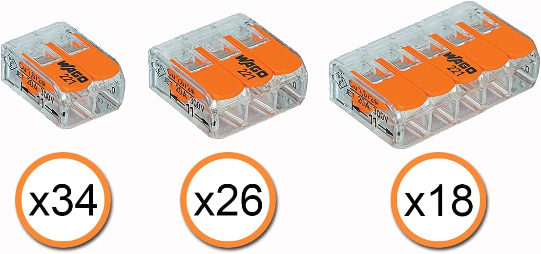WAGO 221 LEVER-NUTS 78pc Compact Splicing Wire Connector Assortment with Case. Includes (34x) 221-412, (26x) 221-413, (18x) 221-415