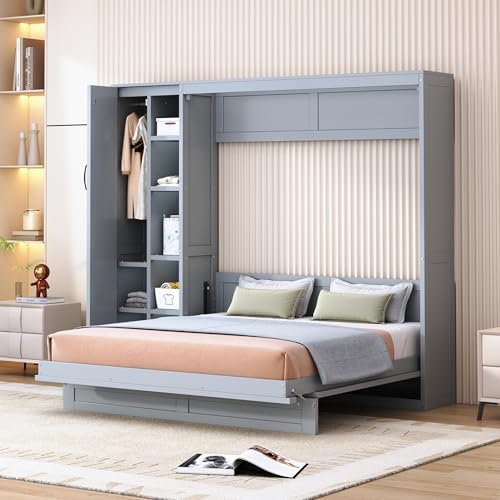 Harper & Bright Designs Queen Size Murphy Bed Wall Bed with Storage Shelves, Wardrobe and LED Lights, Space-Saving for Multipurpose Guest Room or Home Office, Gray