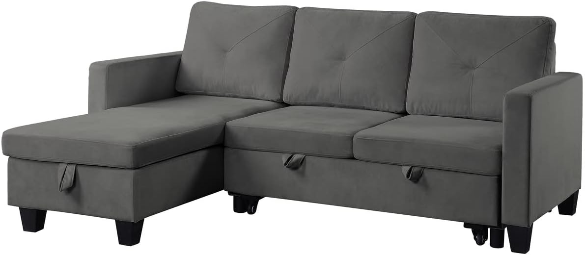 FANYE L-Shaped Reversible Corner Convertible Sectional Sofa with Pull Out Sleeper Couch Bed and Storage Chaise for Home Apartment Office Living Room, Dark Gray Velvet Sofa&Couch, 82.5"
