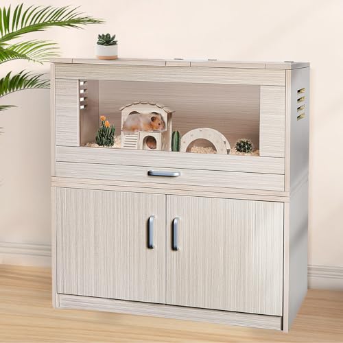 Hamster Cage with Storage Cabinet Small Animal Cage, Easy View Acrylic Panels, Large Habitat for Hedgehog Gerbil & Rat 31.5" Lx 15.75" x 32.28" (Teak)