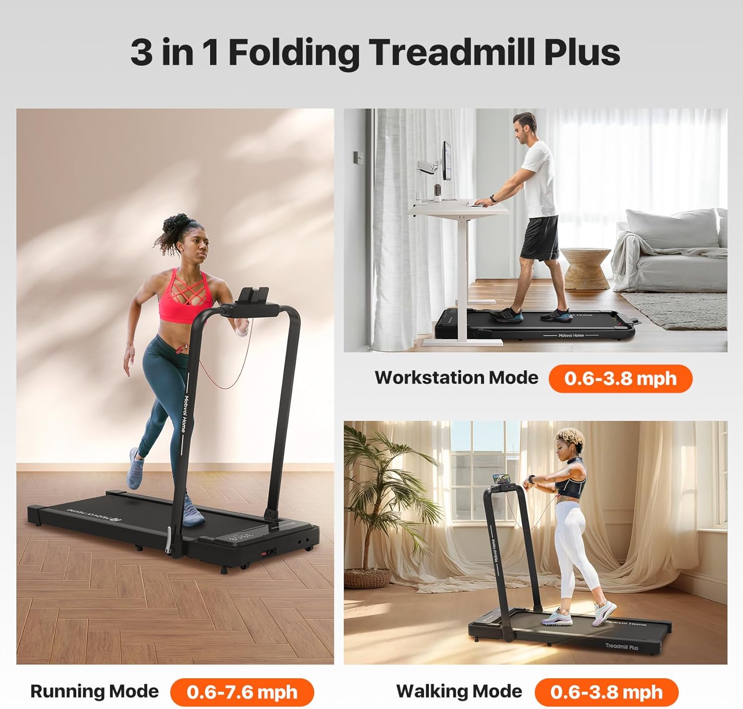 Mobvoi Home Treadmill Plus 3 in 1 Folding Treadmill Walking Pad 2.5HP Compact Under Desk Running Walking Machine for Home Office Remote Control LED Display Speaker Large Running Area 265LBS 7.6 MPH