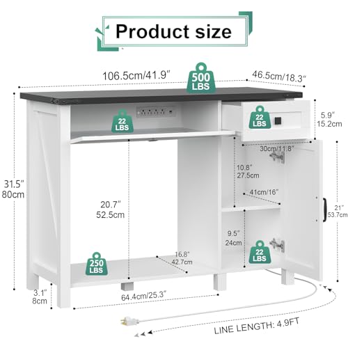 40 Gallon Aquarium Stand With Charging Station, Farmhouse Fish Tank Stand, Reptile Tank Stand Terrarium Stand with Drawer and Cabinet Storage, Sturdy Heavy Duty 41.9"×18.3" Tabletop - White