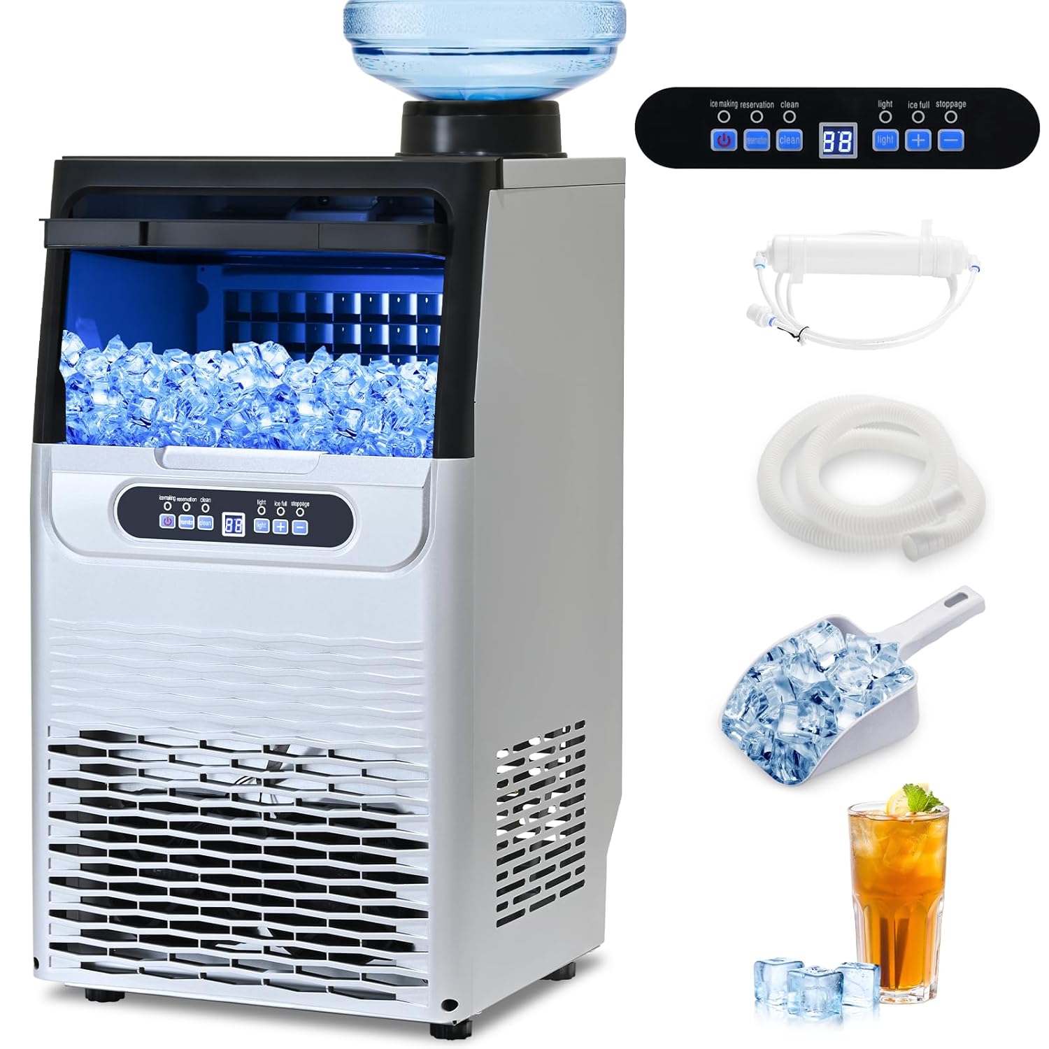 Commercial Ice Maker, 100Lbs/24H Ice Maker Machine, 2 Water Inlet Modes, Ice Maker with 20lbs Storage, Auto Self-Cleaning, Under Counter/Freestanding Ice Maker for Home/Office/Shop/Bar