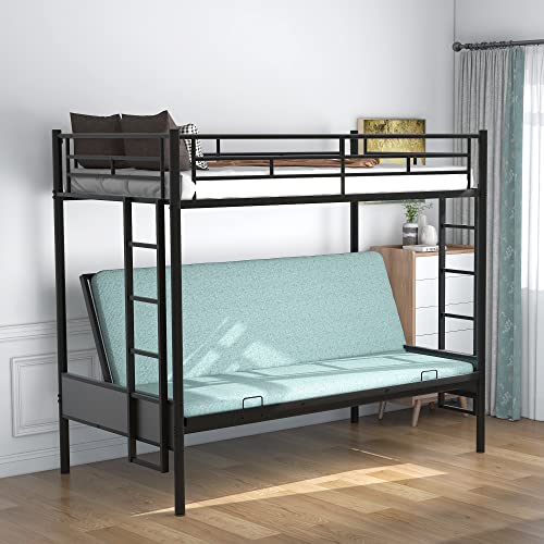 Harper & Bright Designs Twin over Futon Bunk Bed,Metal Bunk Bed with Futon can easy conversion to Twin Over Full Bunk Beds, Futon Bunk Bed with Guardrails and 2 Ladders for Kids Teens, Black