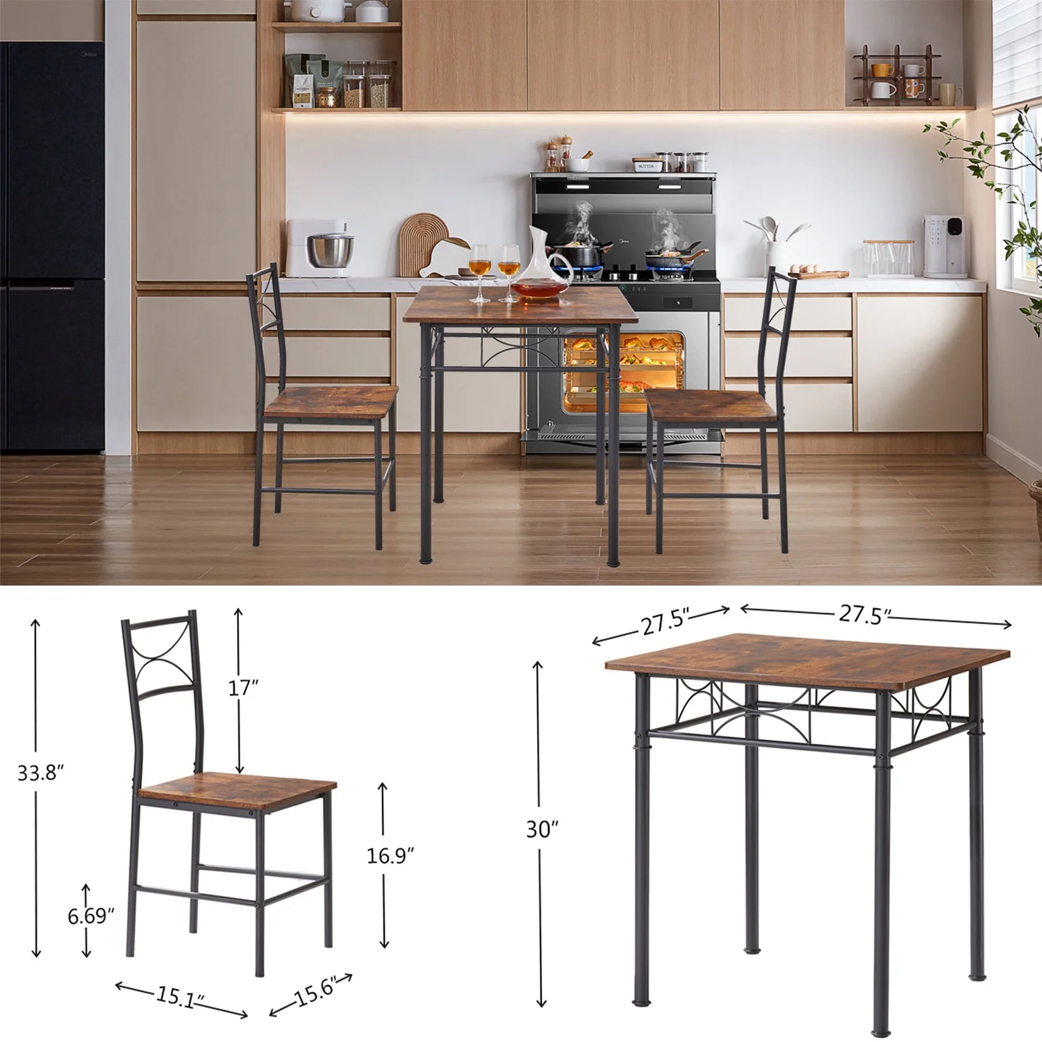 Dining Room Set for 2, Seizeen Kitchen Table Set with Chairs, Modern Metal Dining Set with Black Frame and Retro Brown Finish, Small Space Furniture for Apartment Home Kitchen Dining Room