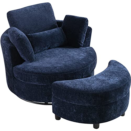 Chair and A Half with Ottoman, 360° Swivel Accent Barrel Chair Modern Comfy Round Reading Sofa Swivel Chairs Circle Lounge Chair for Bedroom Living Room w/4 Pillow Lower Seating Heigh (White, Large)