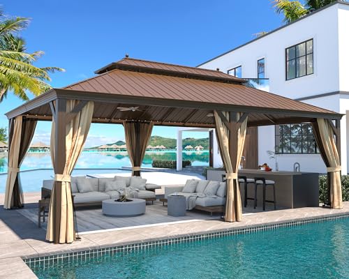 MELLCOM 12'x16' Hardtop Gazebo, Galvanized Steel Metal Double Roof Canopy with Curtains and Netting, Brown Permanent Pavilion Gazebos with Aluminum Frame for Garden, Patio, Lawns, Deck