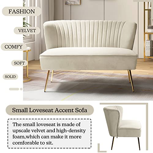 TINA'S HOME Contemporary Velvet Loveseat Sofa, Upholstered Loveseat Couch with Golden Metal Legs, Small Tufted 2-Seat Sofa Armless Love Seat for Living Room, Bedroom, Apartment Small Spaces, TAN