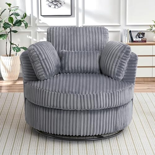 Chair and A Half with Ottoman, 360° Swivel Accent Barrel Chair Modern Comfy Round Reading Sofa Swivel Chairs Circle Lounge Chair for Bedroom Living Room w/4 Pillow Lower Seating Heigh (White, Large)
